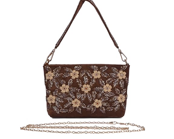 J I ACCESSORIES Velvet Hand-Embroidered Floral Clutch
