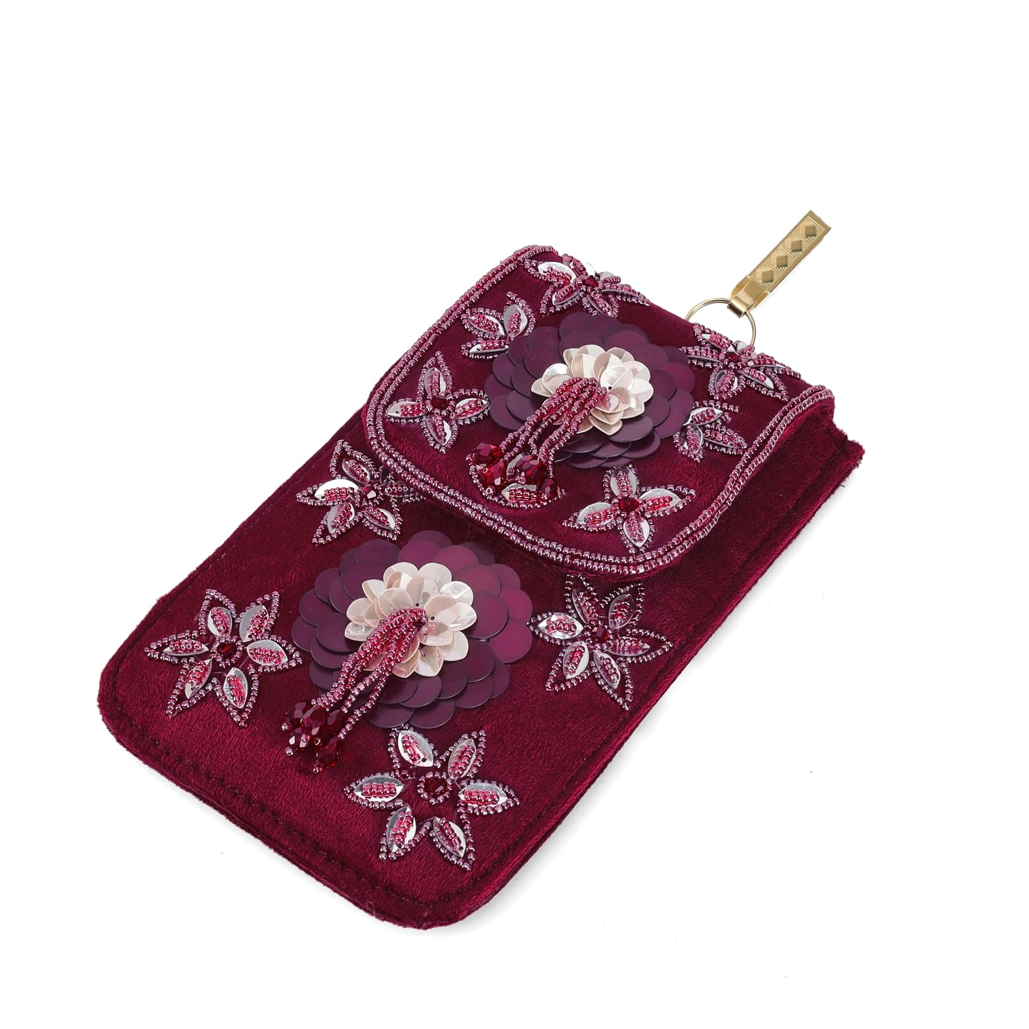 BAG IN Handmade Beaded Floral Design Pouch for Women, Boho Chic Mobile Purse" (Maroon)
