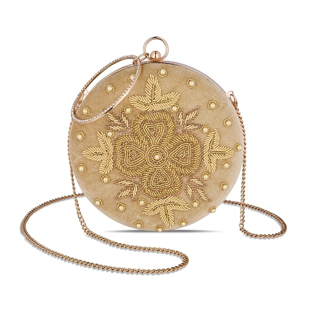 Bag in Festive Velvet Embroidered Clutch Bag with Chain & Ring Handle