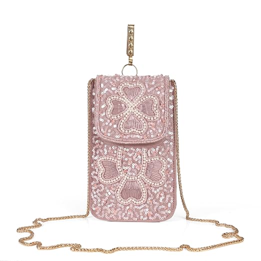 Bag in Handmade Beaded Floral Design Pouch for Women, Boho Chic Mobile Purse (Flower Pink)