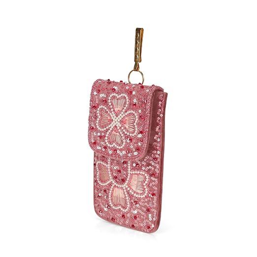 Bag in Handmade Beaded Floral Design Pouch for Women, Boho Chic Mobile Purse (Flower Peach)