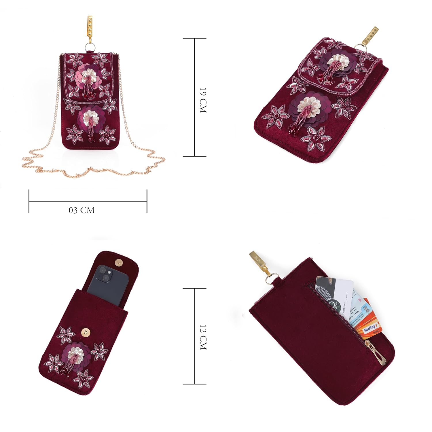 BAG IN Handmade Beaded Floral Design Pouch for Women, Boho Chic Mobile Purse" (Maroon)