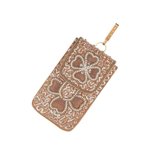 Bag in Handmade Beaded Floral Design Pouch for Women, Boho Chic Mobile Purse (Flower Dark Brown)