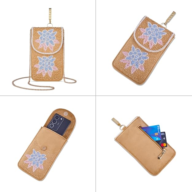 Bag in Floral Beaded Mobile Clutch for Women – Handmade Crossbody Phone Purse with Chain Strap