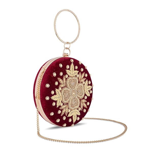 Bag in Festive Velvet Embroidered Clutch Bag with Chain & Ring Handle