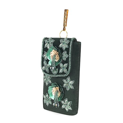 Bag in Handmade Beaded Floral Design Pouch for Women, Boho Chic Mobile Purse (Green)