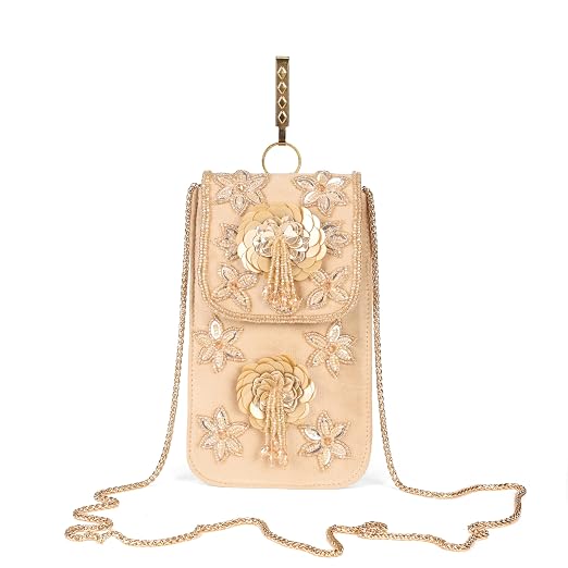 Bag in Handmade Beaded Floral Design Pouch for Women, Boho Chic Mobile Purse (Brown)