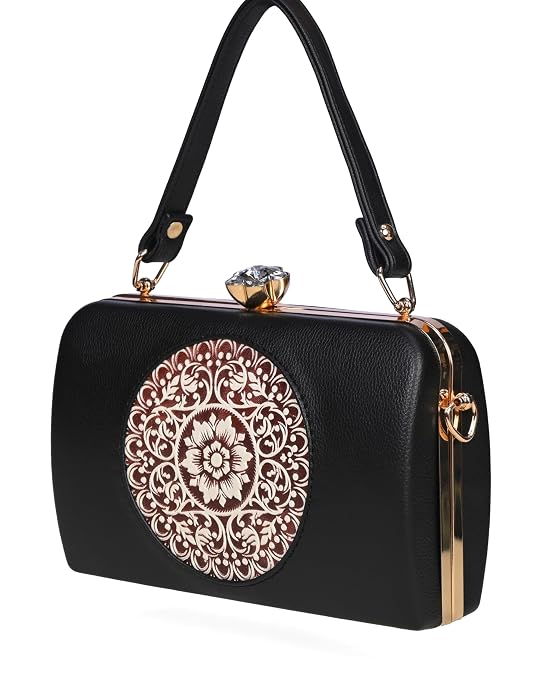 Bag in Elegant Black Floral Handbag with Crystal Clasp Vintage-Inspired Evening Bag for Special Occasions