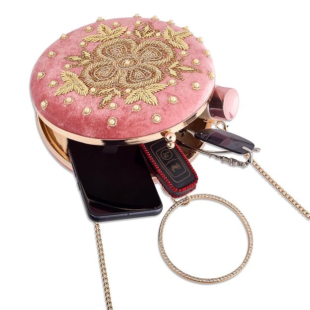 Bag in Festive Velvet Embroidered Clutch Bag with Chain & Ring Handle