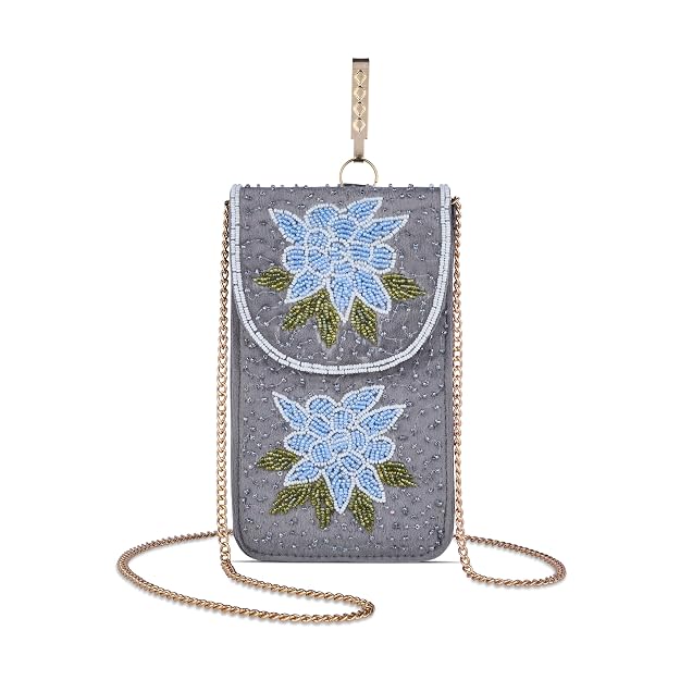 Bag in Floral Beaded Mobile Clutch for Women – Handmade Crossbody Phone Purse with Chain Strap