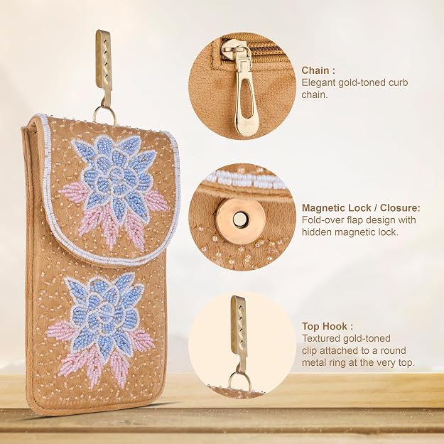 Bag in Floral Beaded Mobile Clutch for Women – Handmade Crossbody Phone Purse with Chain Strap