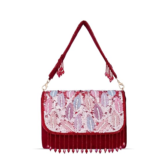 J I Women’s Embellished Sequin & Pearl Beaded Shoulder Bag with Tassels