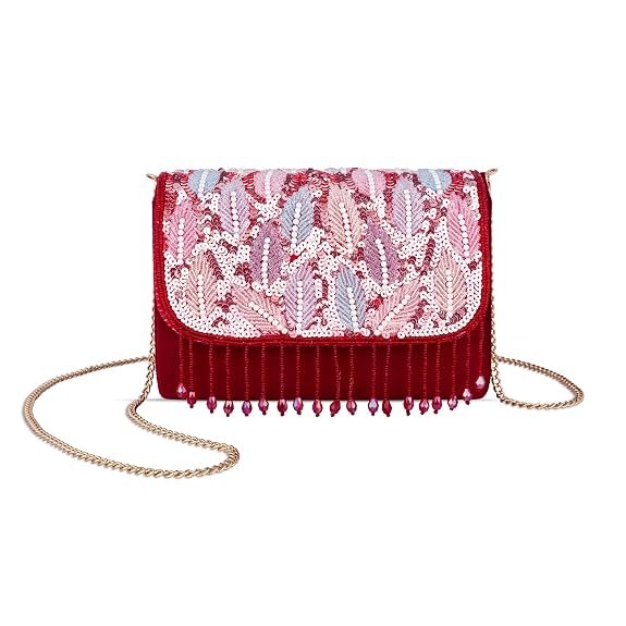 J I Women’s Embellished Sequin & Pearl Beaded Shoulder Bag with Tassels