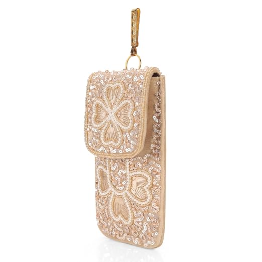 Bag in Handmade Beaded Floral Design Pouch for Women, Boho Chic Mobile Purse (Flower Light Brown)