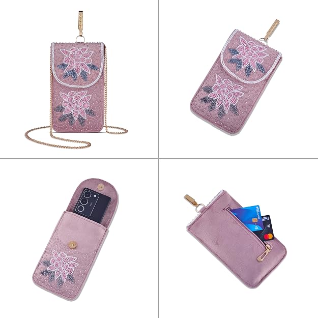 Bag in Floral Beaded Mobile Clutch for Women – Handmade Crossbody Phone Purse with Chain Strap