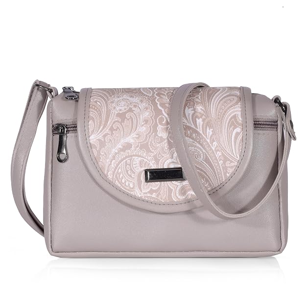 J I Elegant Leather Crossbody Handbag with Paisley Pattern Flap and Secure Zipper Pockets