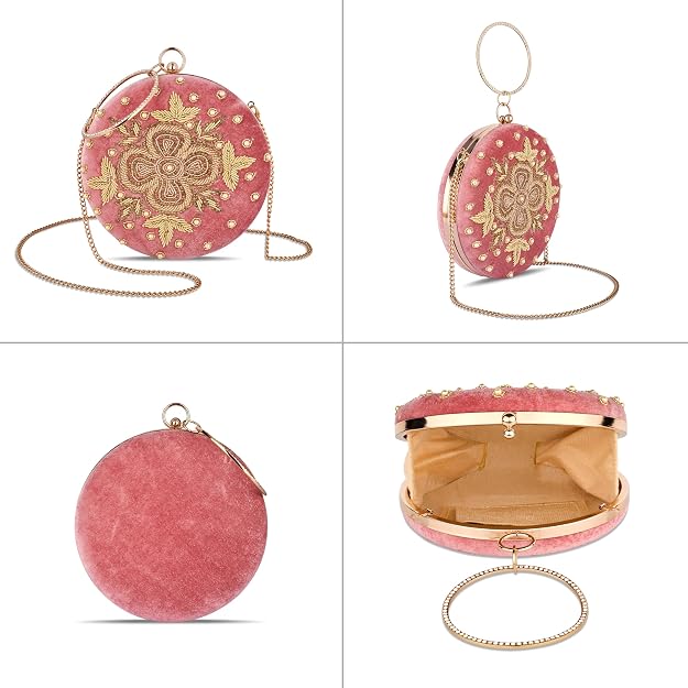 Bag in Festive Velvet Embroidered Clutch Bag with Chain & Ring Handle