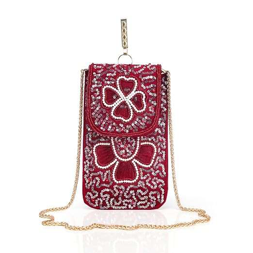 BAG IN Handmade Beaded Floral Design Pouch for Women, Boho Chic Mobile Purse" (Flower Maroon)