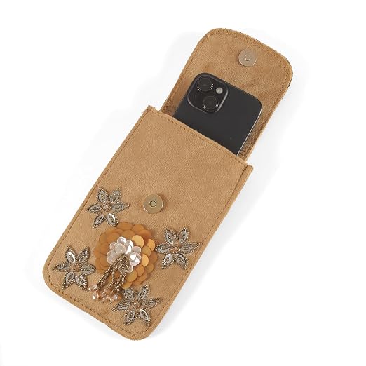 BAG IN Handmade Beaded Floral Design Pouch for Women, Boho Chic Mobile Purse" (Dark Brown)