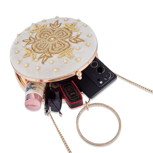 Bag in Festive Velvet Embroidered Clutch Bag with Chain & Ring Handle
