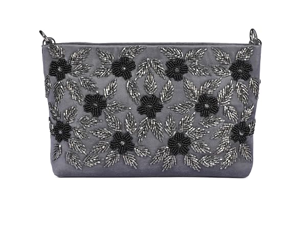 J I ACCESSORIES Velvet Hand-Embroidered Floral Clutch