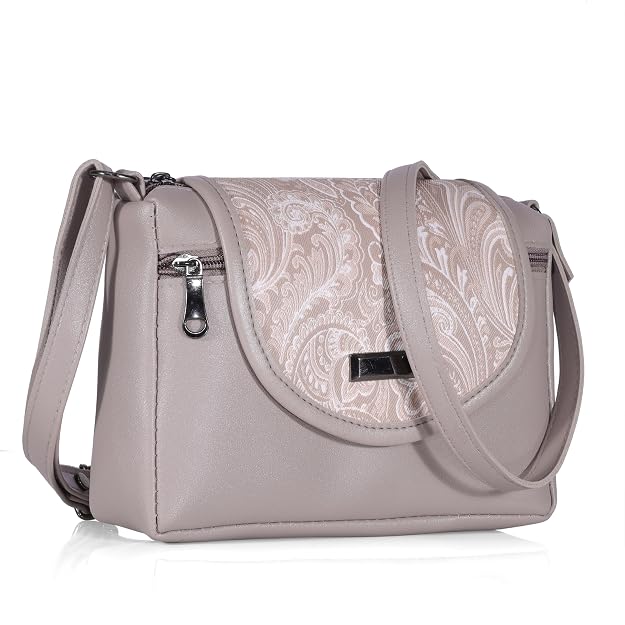 J I Elegant Leather Crossbody Handbag with Paisley Pattern Flap and Secure Zipper Pockets