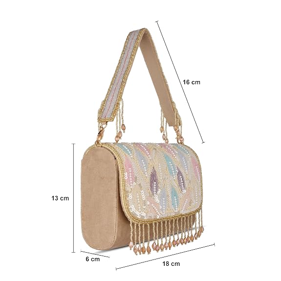 J I Women’s Embellished Sequin & Pearl Beaded Shoulder Bag with Tassels
