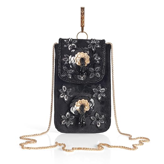 Bag in Handmade Beaded Floral Design Pouch for Women, Boho Chic Mobile Purse (Black)