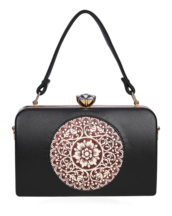 Bag in Elegant Black Floral Handbag with Crystal Clasp Vintage-Inspired Evening Bag for Special Occasions