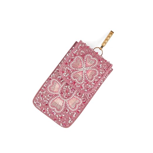 Bag in Handmade Beaded Floral Design Pouch for Women, Boho Chic Mobile Purse (Flower Peach)