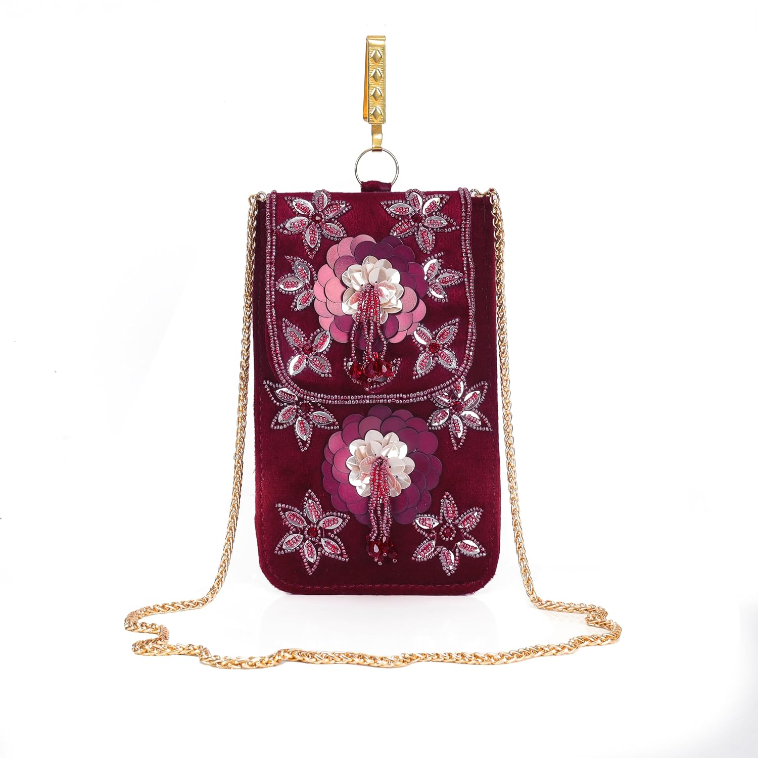 BAG IN Handmade Beaded Floral Design Pouch for Women, Boho Chic Mobile Purse" (Maroon)
