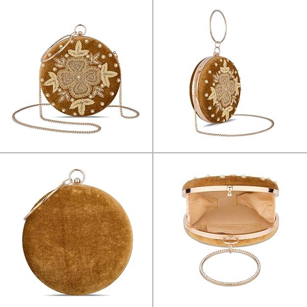 Bag in Festive Velvet Embroidered Clutch Bag with Chain & Ring Handle