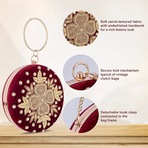 Bag in Festive Velvet Embroidered Clutch Bag with Chain & Ring Handle