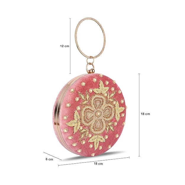 Bag in Festive Velvet Embroidered Clutch Bag with Chain & Ring Handle