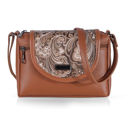 J I Elegant Leather Crossbody Handbag with Paisley Pattern Flap and Secure Zipper Pockets