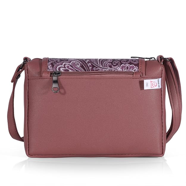 J I Elegant Leather Crossbody Handbag with Paisley Pattern Flap and Secure Zipper Pockets