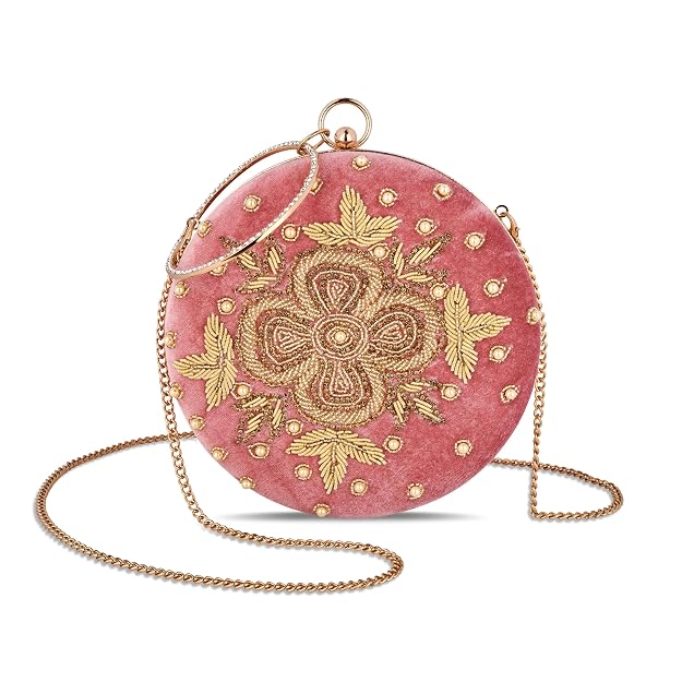 Bag in Festive Velvet Embroidered Clutch Bag with Chain & Ring Handle