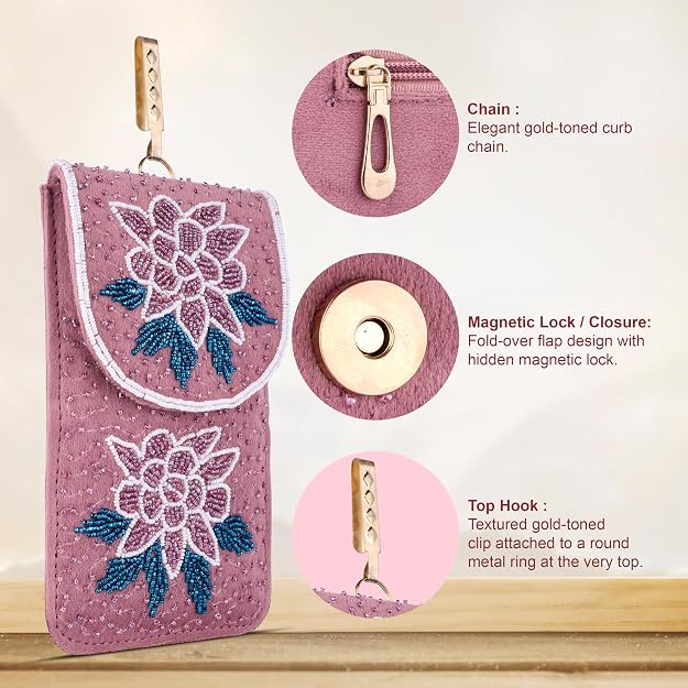 Bag in Floral Beaded Mobile Clutch for Women – Handmade Crossbody Phone Purse with Chain Strap