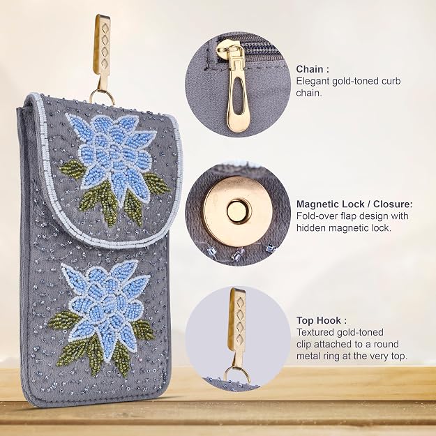 Bag in Floral Beaded Mobile Clutch for Women – Handmade Crossbody Phone Purse with Chain Strap