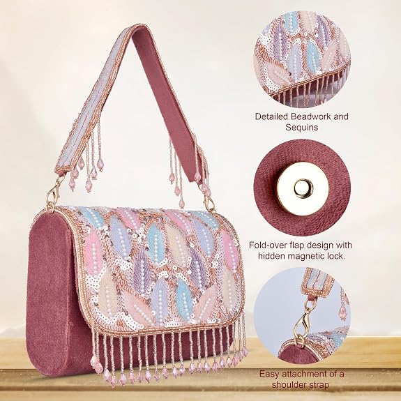 J I Women’s Embellished Sequin & Pearl Beaded Shoulder Bag with Tassels