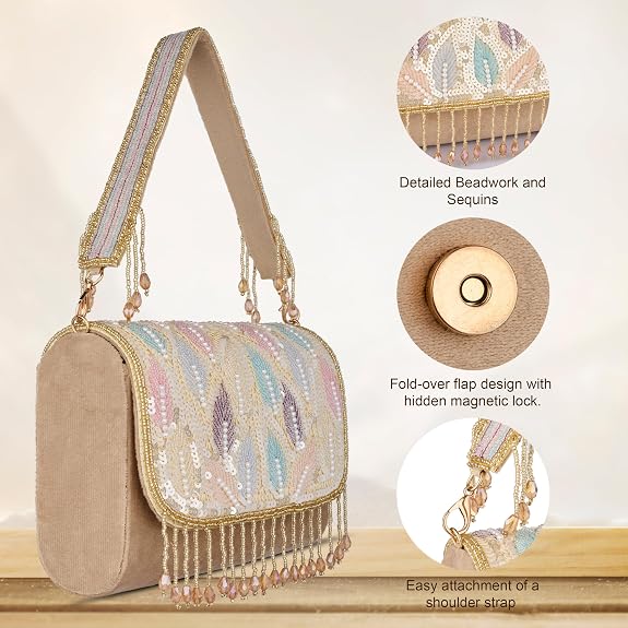 J I Women’s Embellished Sequin & Pearl Beaded Shoulder Bag with Tassels