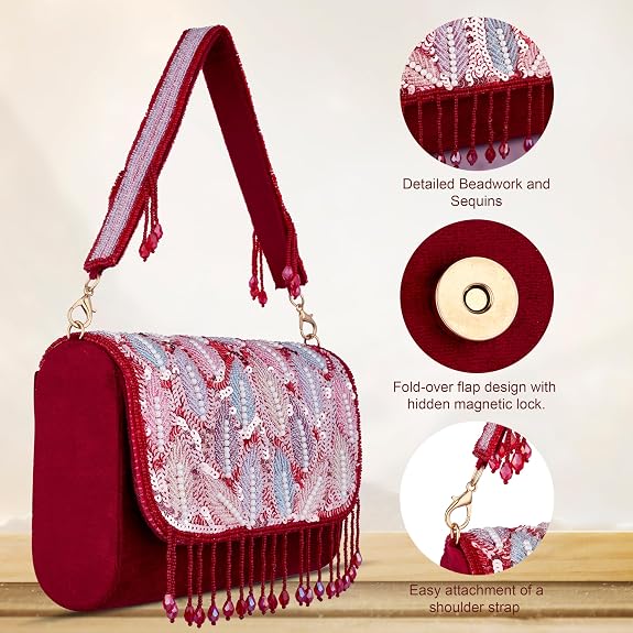 J I Women’s Embellished Sequin & Pearl Beaded Shoulder Bag with Tassels