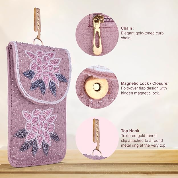 Bag in Floral Beaded Mobile Clutch for Women – Handmade Crossbody Phone Purse with Chain Strap