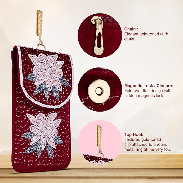 Bag in Floral Beaded Mobile Clutch for Women – Handmade Crossbody Phone Purse with Chain Strap