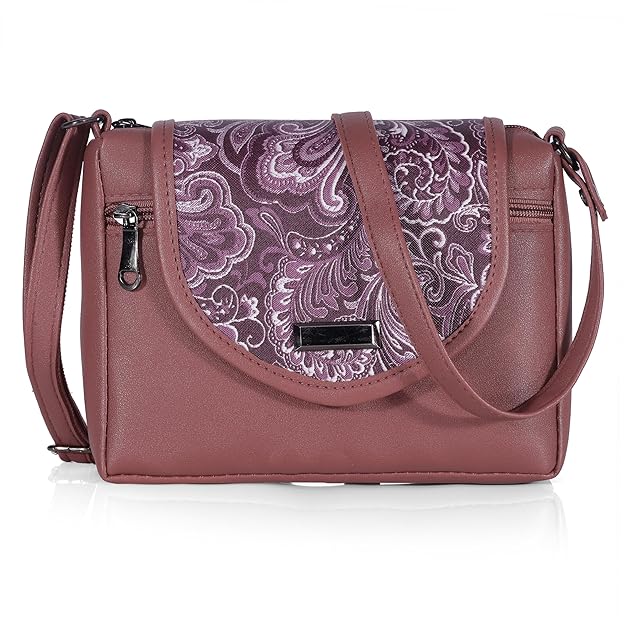 J I Elegant Leather Crossbody Handbag with Paisley Pattern Flap and Secure Zipper Pockets