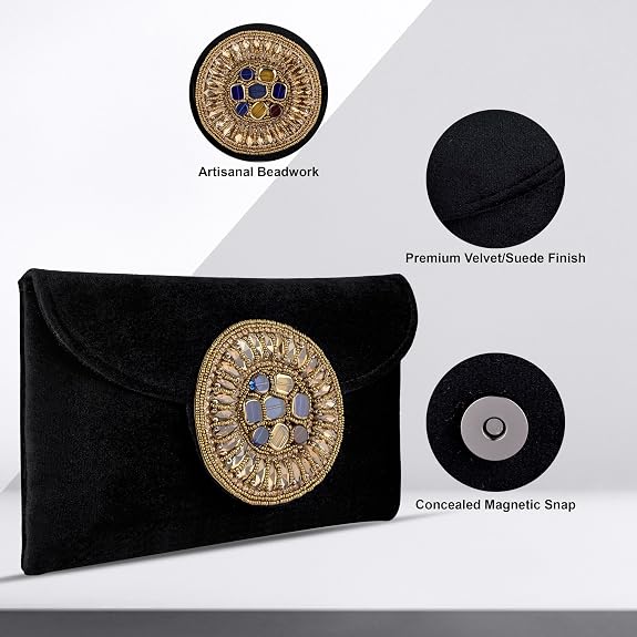 Bag in Elegant Black Beaded Clutch Bag Sophisticated Evening Purse with Gold Embellishments Ideal for Formal Events, Parties, and Weddings