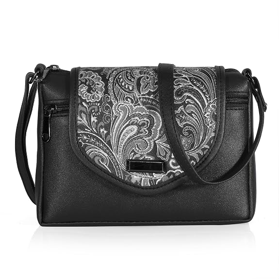 J I Elegant Leather Crossbody Handbag with Paisley Pattern Flap and Secure Zipper Pockets
