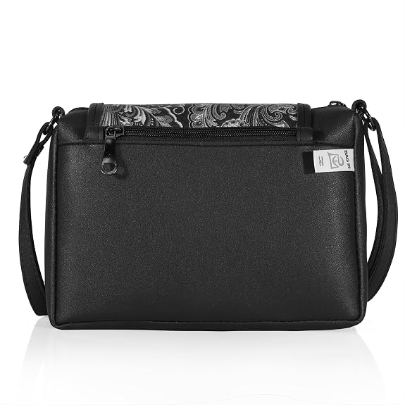 J I Elegant Leather Crossbody Handbag with Paisley Pattern Flap and Secure Zipper Pockets